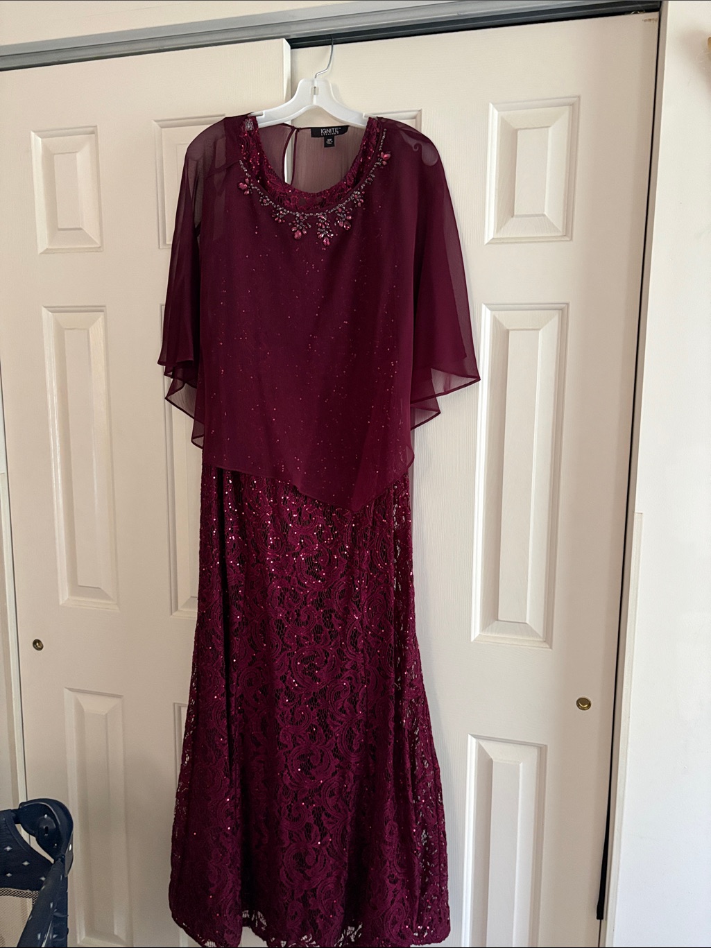 Embellished Burgundy Maxi Dress With Chiffon Capelet